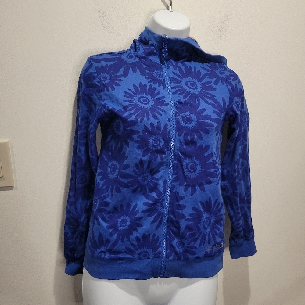 Desigual Kids Size 11/12 Zip Up Hoodie Reversible Blue Floral Small Flaw